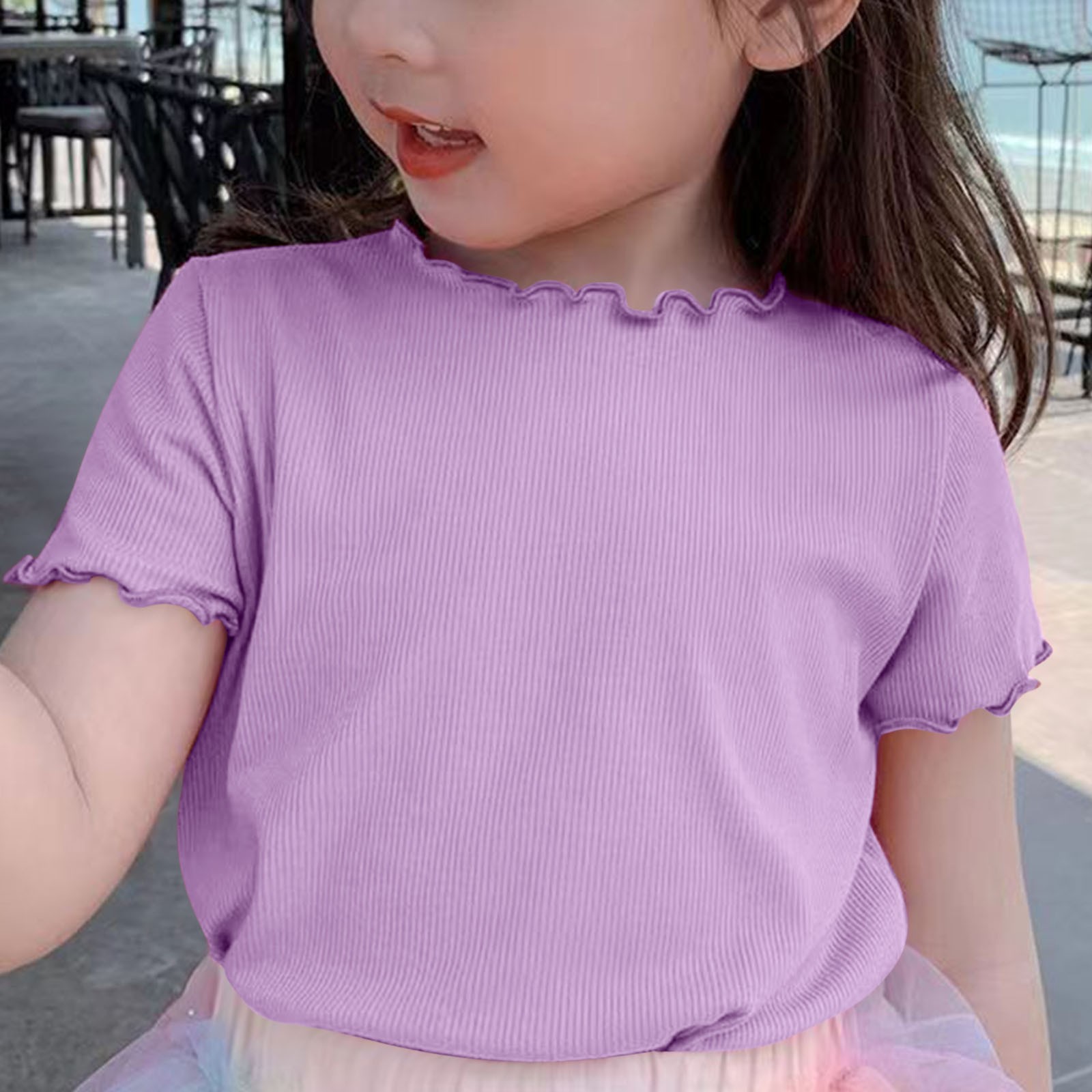 AherBiu Girls T Shirts Ruffle Short Sleeve Tops Cotton Soft Tee Tops Crewneck Casual Solid Color Tshirts 1-9 Years