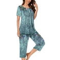 thumbnail image 1 of FAFWYP Ensembles de Pyjama 2 Pcs pour Femmes, Ensembles de Pyjama à Imprimé Floral, Tenue de Nuit Douce, Hauts à Manches Courtes à Col Ras du Cou et Pantalons Capri, Ensembles de Détente, P-3TG, 1 of 5