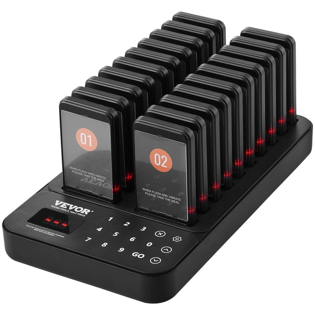VEVOR restaurant pager system with a black wireless touch keyboard transmitter featuring 998 channels and 20 rectangular pagers. Each pager includes LED indicators, vibration, and flashing alerts, with numbered displays for easy identification. The system supports a 400m long-range lineup waiting queue, ideal for guest customer calling in food trucks, churches, nurseries, and hospitals. The pagers are neatly arranged on a compact charging base with a numeric keypad for seamless operation.