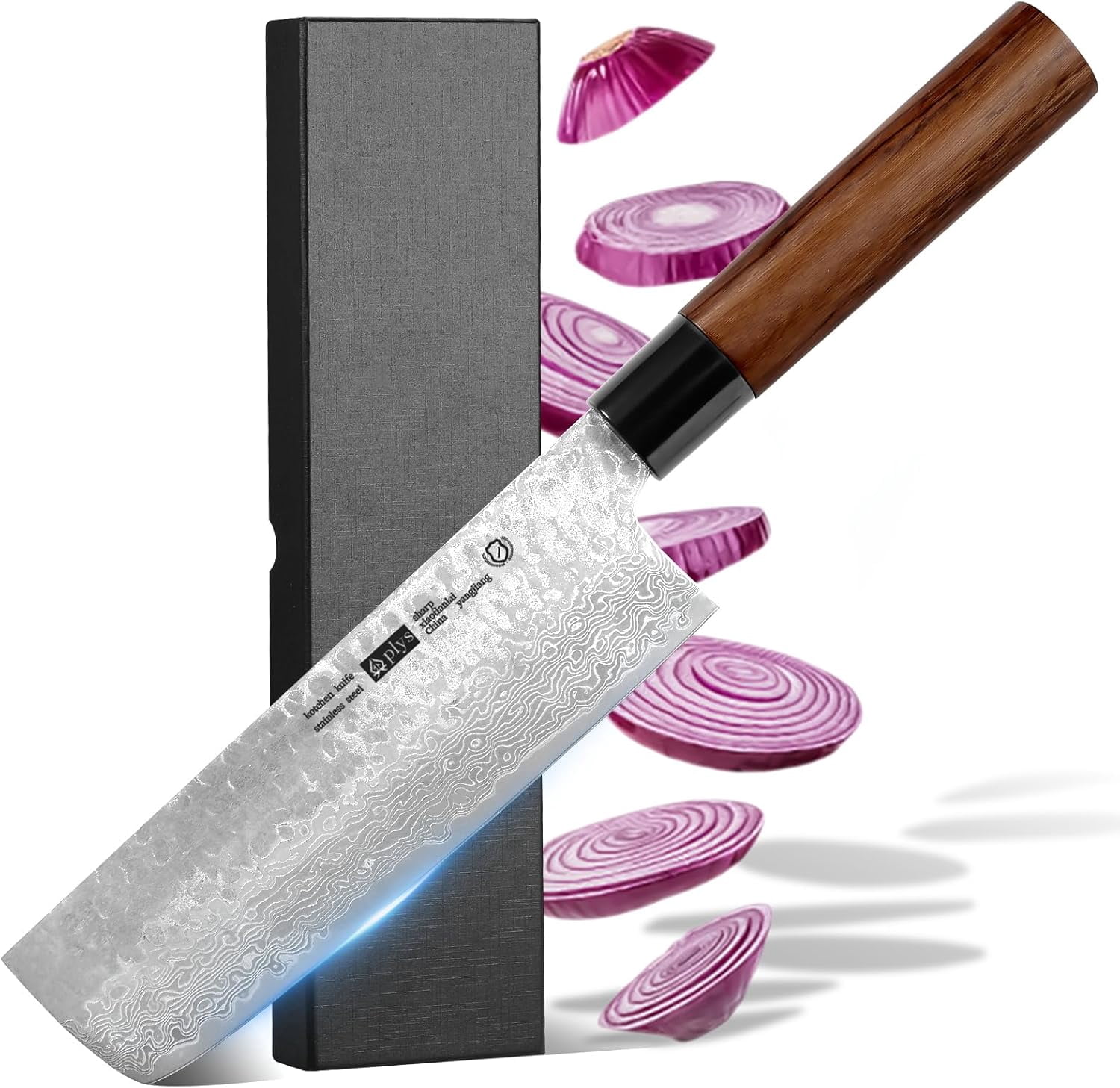Plys Japanese Nakiri Knife, Damascus Vegetable Cleaver Kitchen Knives, 7.5 Inch Super Sharp Cooking Knife