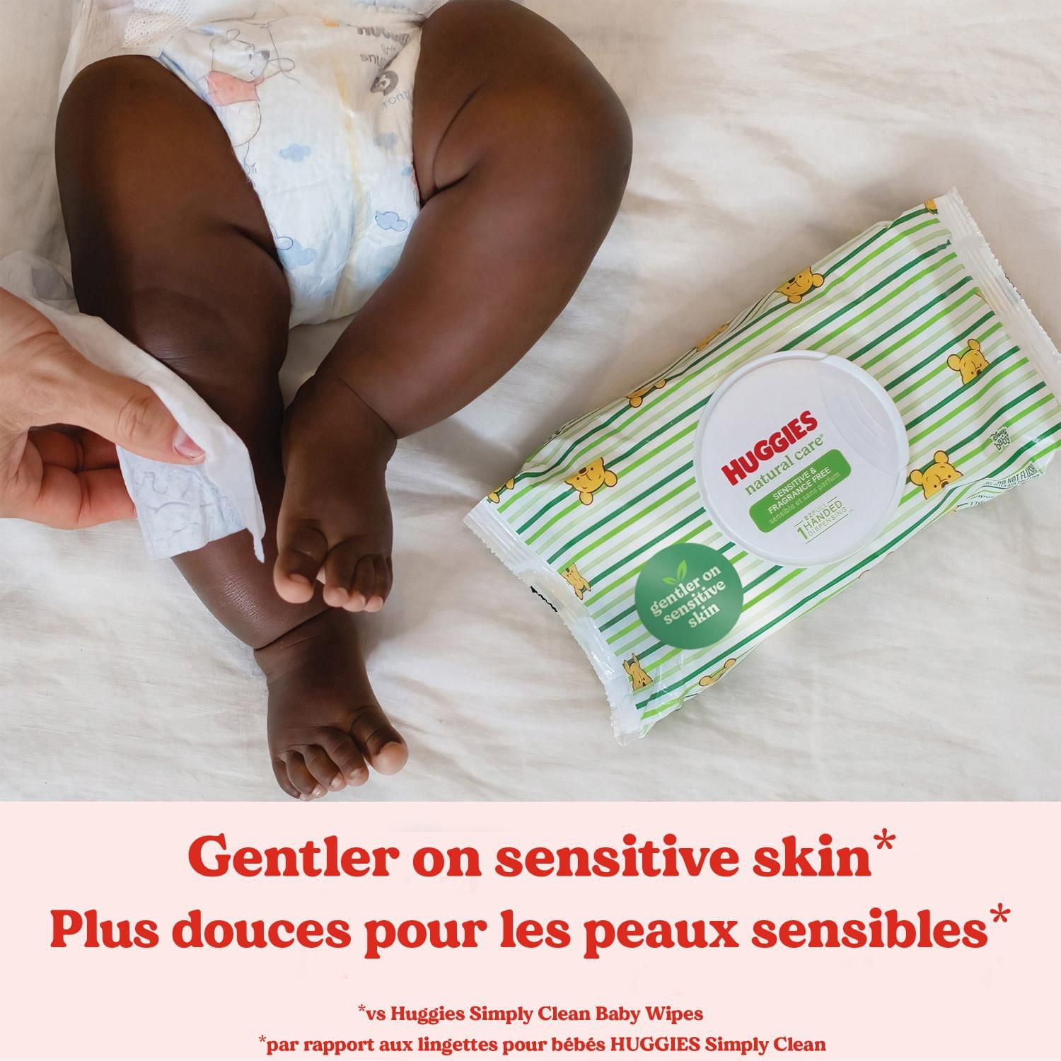 Huggies Natural Care pour peau sensible, Lingettes pour bébés, Non parfumé, 1 emballage à couvercle rabattable, total de 56 lingettes
