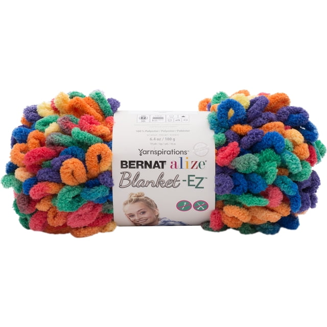 Bernat® Alize® Blanket-EZ™ Yarn, polyester #7 jumbo, 6.4 oz/180 g, 18 yards, with multicolored soft chenille loops in orange, green, blue, purple, red, and yellow, designed for easy no-needle knitting of blankets and decorative projects.