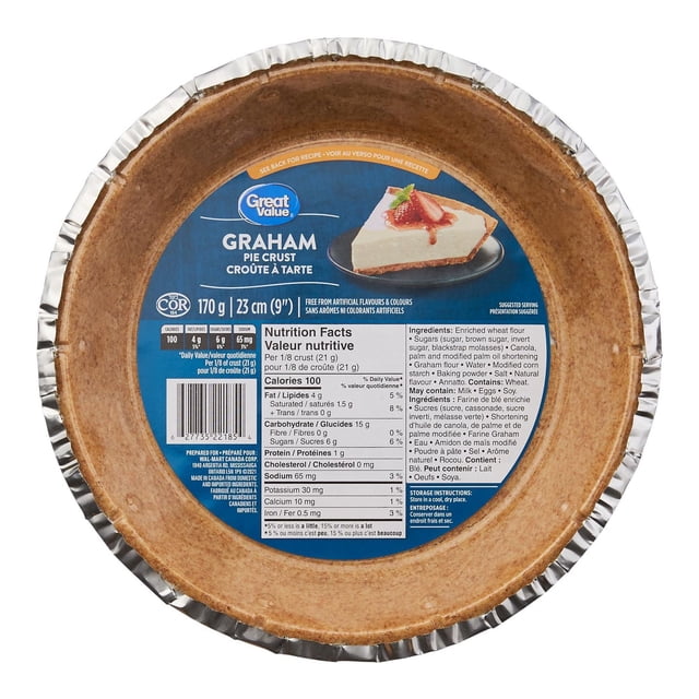 Great Value Graham Pie Crust in a 23 cm (9 inch) round disposable aluminum pan with a tender, rustic textured graham flour crust, free from artificial flavours and colours, ideal for fruit fillings, cheesecakes, and tarts.