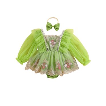 Honganda Barboteuse Automne pour Bébés Filles Robe à Manches Longues Broderie Florale Patchwork en Tulle avec Bandeau