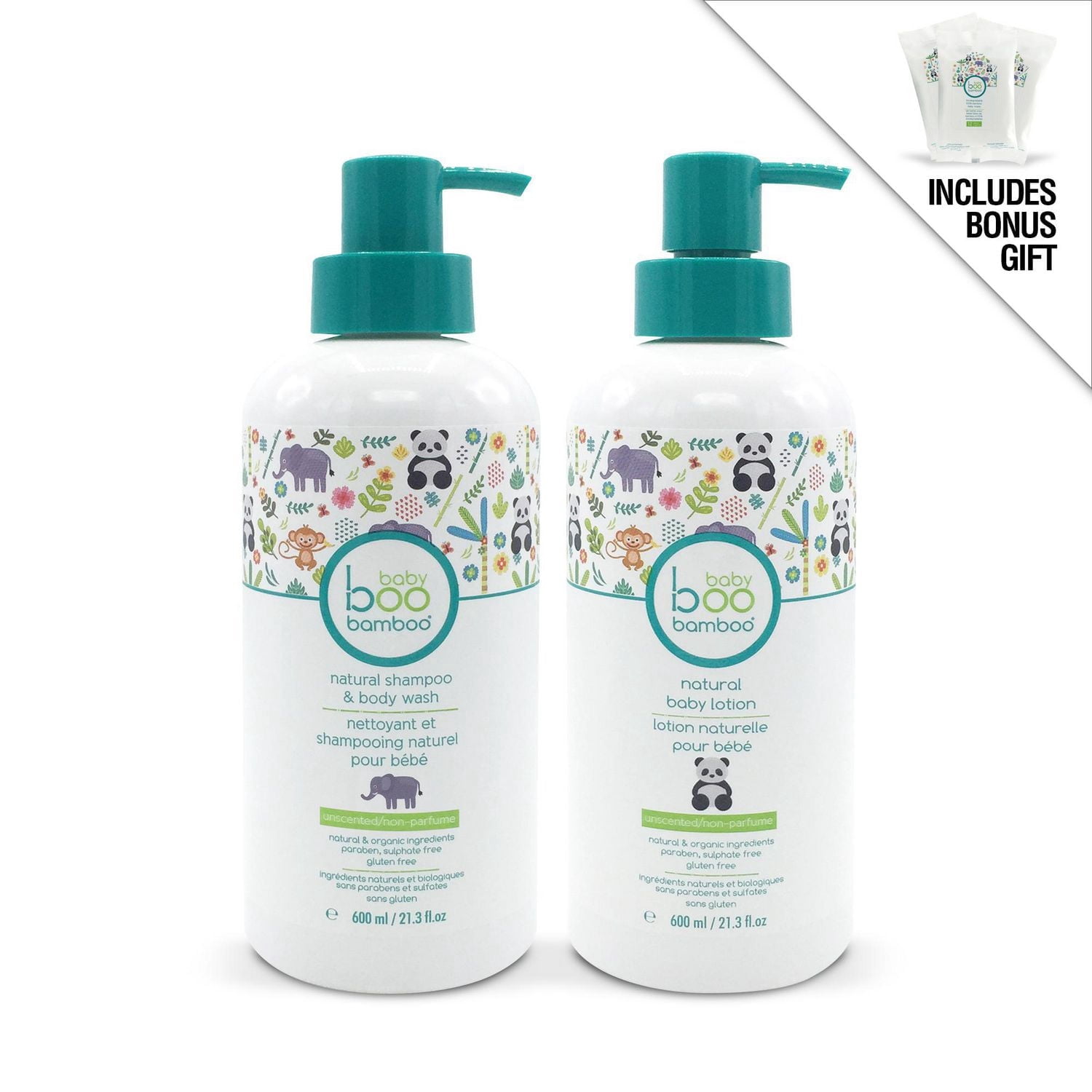 Baby Boo Bamboo Ensemble de Nettoyant et de Lotion Tout Naturel Sans Parfum + Cadeau Boni – Lingettes de Voyage