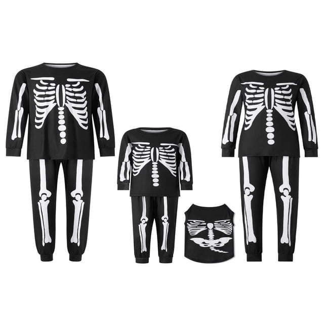 Pyjamas d'Halloween Assortis pour la Famille, Imprimé Squelette, Col, Manches Longues, Hauts + Pantalons Longs pour Parents et Enfants
