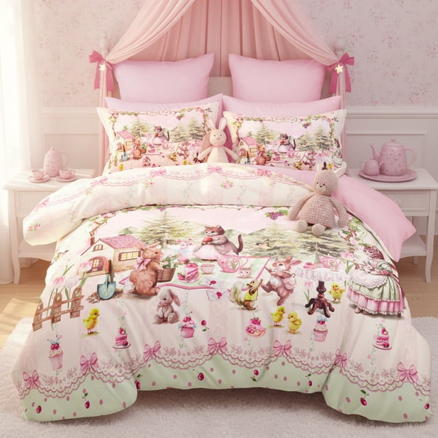 JOLUSERE Cartoon Pink Comforter Twin Set,2-Pieces Lovely Kitten Pattern Bedding Set for Kids