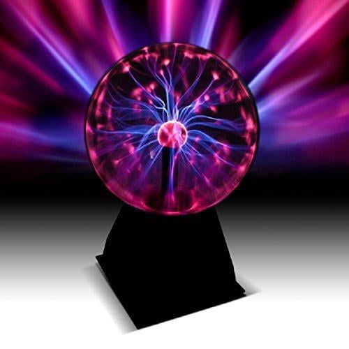 Katzco Plasma Ball, 7-inch plug-in decorative sphere with vibrant nebula and thunder lightning effects. Perfect for parties, home decor, or holiday-themed decorations like Christmas displays. The ball is mounted on a black base with vivid pink and blue light streaks radiating outward.