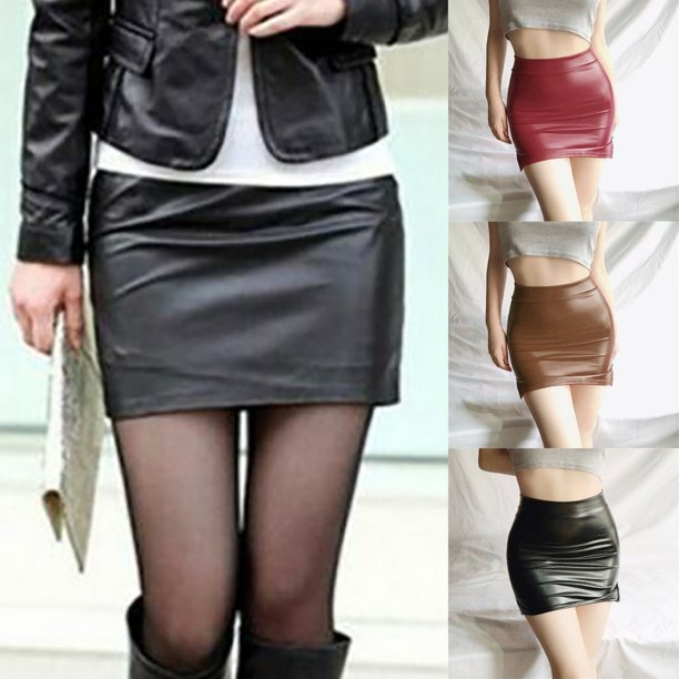 Lefu Womens Black PU Leather High Waist Tight Zip Stretch Mini