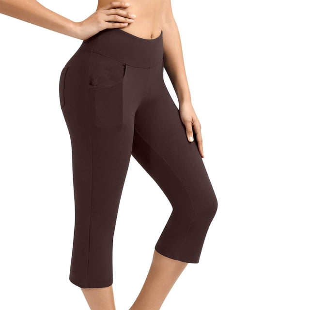 Womens Knee Length Leggings High Waisted Yoga Workout Exercise Capris For Casual Summer With Pockets