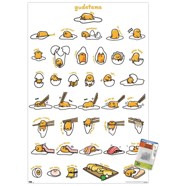 Gudetama - Grid Wall Poster, 14.725" x 22.375" featuring multiple cartoon illustrations of the lazy egg character Gudetama in various poses and expressions on a white background with orange handwritten captions. The poster shows Gudetama lying on egg whites, cracked open, wrapped in egg white, held by chopsticks, and covered with bacon. This wall art has a clean, modern design with a satin finish, ideal for home décor, dorm rooms, or offices, and is often used to add playful charm to personal spaces.