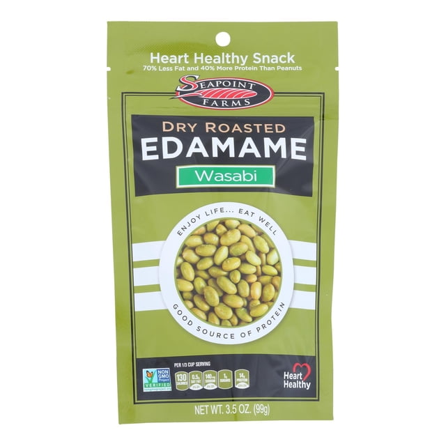 Seapoint Farms Edamames Rôtis à Sec - Wasabi Épicé - Caisse de 12 - 3,5 Oz. Sac Vert Centré et Scellé à l'Avant avec logo Seapoint Farms et Étiquette « Wasabi Épicé »; silhouette de Sac Simple sur Fond Neutre, Collation d'Edamames Rôtis à Sec Convenant aux Fêtes Ou aux Boîtes à Lunch.