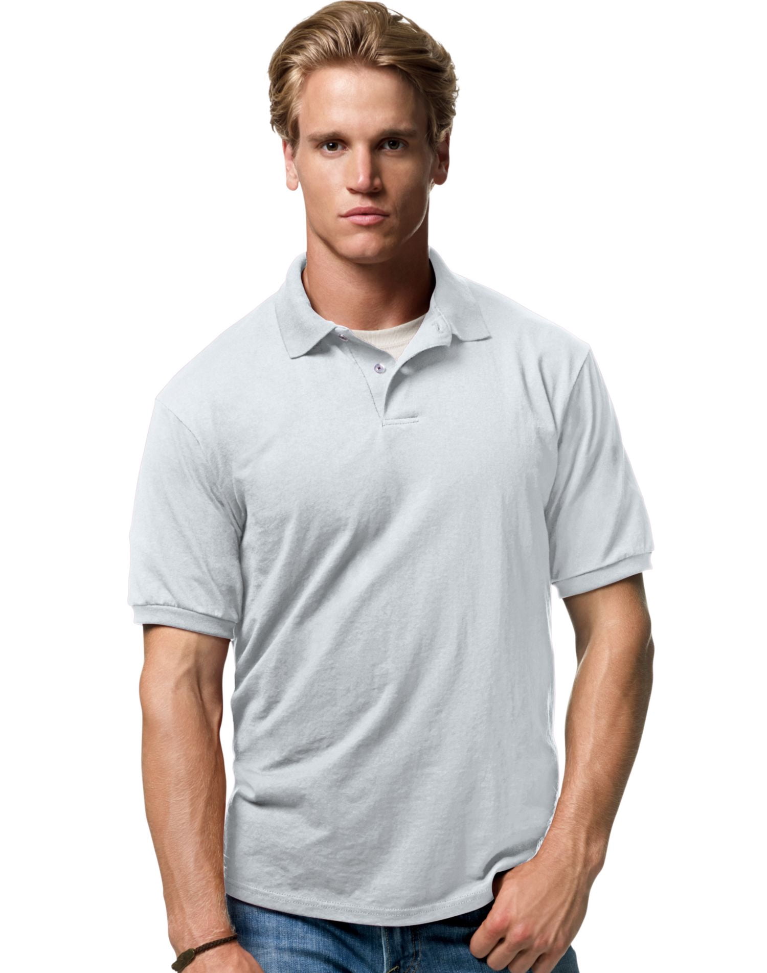 Hanes Cotton-Blend Men`s Jersey Polo, M, Light Steel
