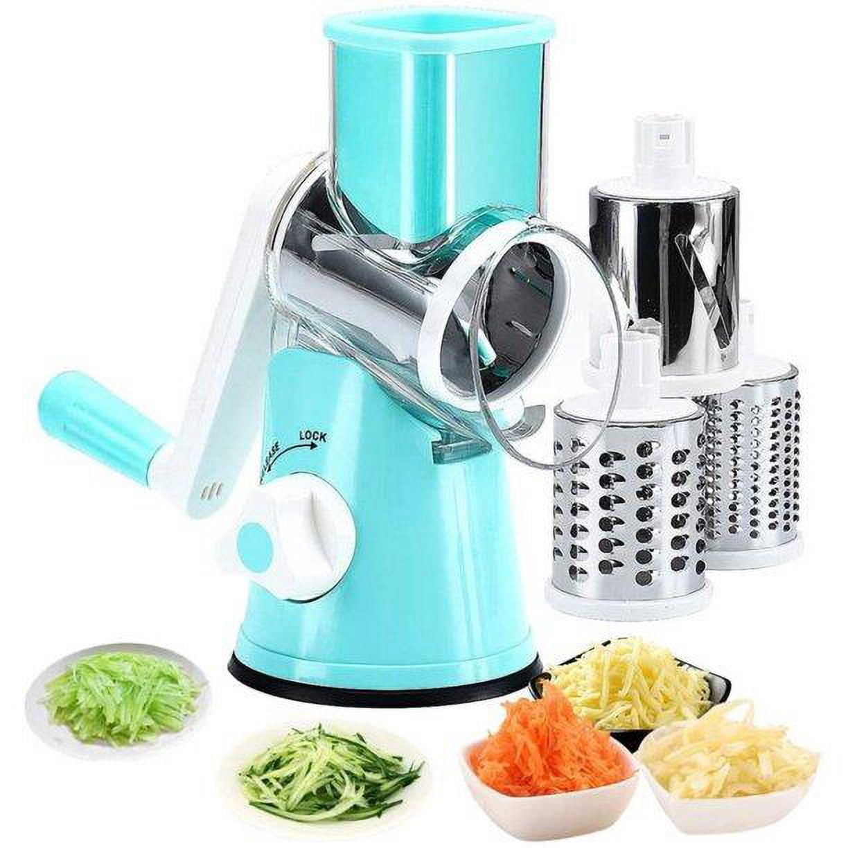 Compact Blue Hand-Cranked Kitchen Food Processor with 3 Drum Blades - Multifunctional Rotary Grater Slicer for Cheese, Vegetables, Potatoes, Nuts - Efficient Suction Base Mandoline, Easy to Clean &