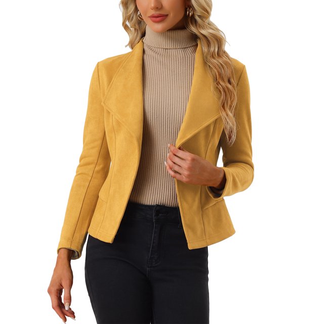 INSPIRE CHIC Cardigan Ouvert à Manches Longues en Faux Suède avec Col Drapé pour Femmes m Moutarde