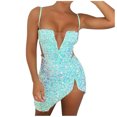 thumbnail image 1 of EQWLJWE Robe Longue pour Femmes Mode Féminine Bretelles Col en V Paillettes Sans Manches Fermeture Éclair Robe Mini Solide Robe de Soirée Robe Formelle, 1 of 9