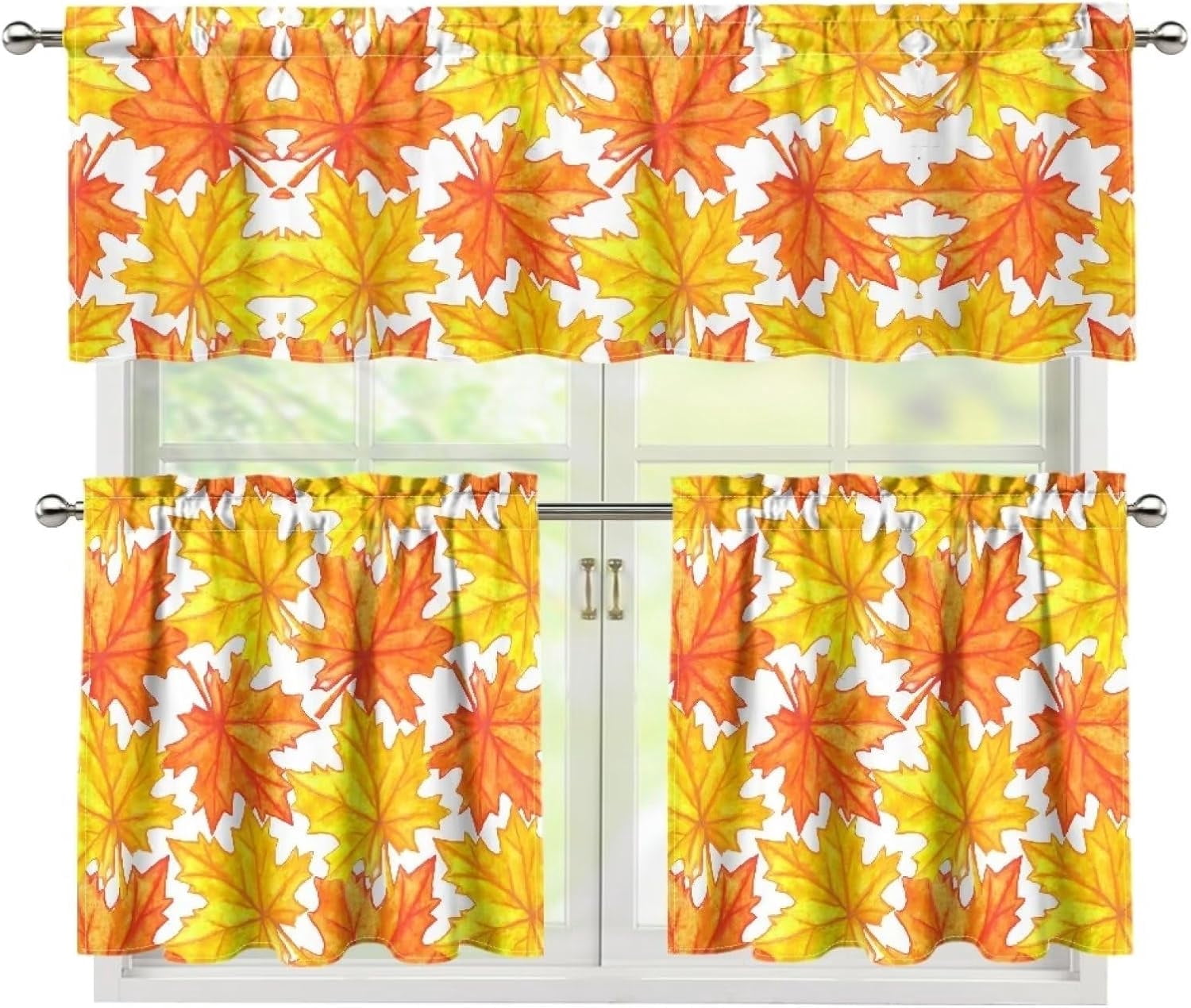 Thanksgiving Maple Leave Kitchen Curtains and Valances 3 Piece Set,Valance Curtains for Kitchen Windows Halloween Kitchen Curtains Tiers and Valances for Cafe Living Room Window Decor