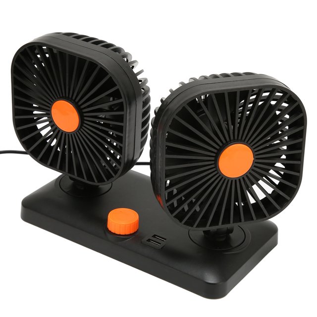 Car Fan, 360 Degree Rotatable Strong Wind Low Power Consumption Portable Quiet Dual Head Car Cooling Fan With Sticker For Truck For Van SUV