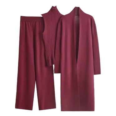 Fall/Winter Saving! HVOBTTY 3 Piece Sweater Sets for Women, Women's Fall and Winter Long Windbreaker High Neck Inner Sweater Elastic Waist Wide Leg Pants Knitted Three Piece Set Wine, Free Size
