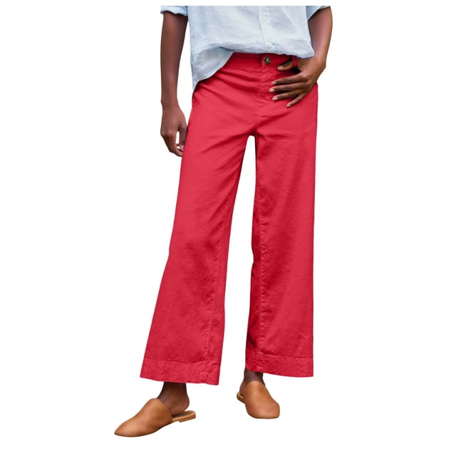 Women's Linen Pants - High Waisted Flare Wide Leg Capri Work Pants with Pockets