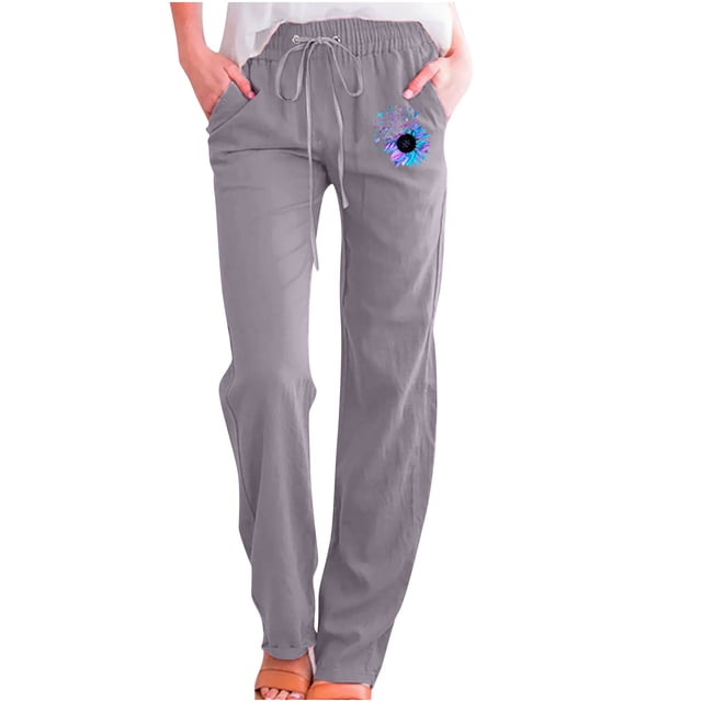 Yuyuzo Womens Cotton Linen Pants Straight Leg Flower Graphic Drawstring High Waisted Lounge Pants Slacks