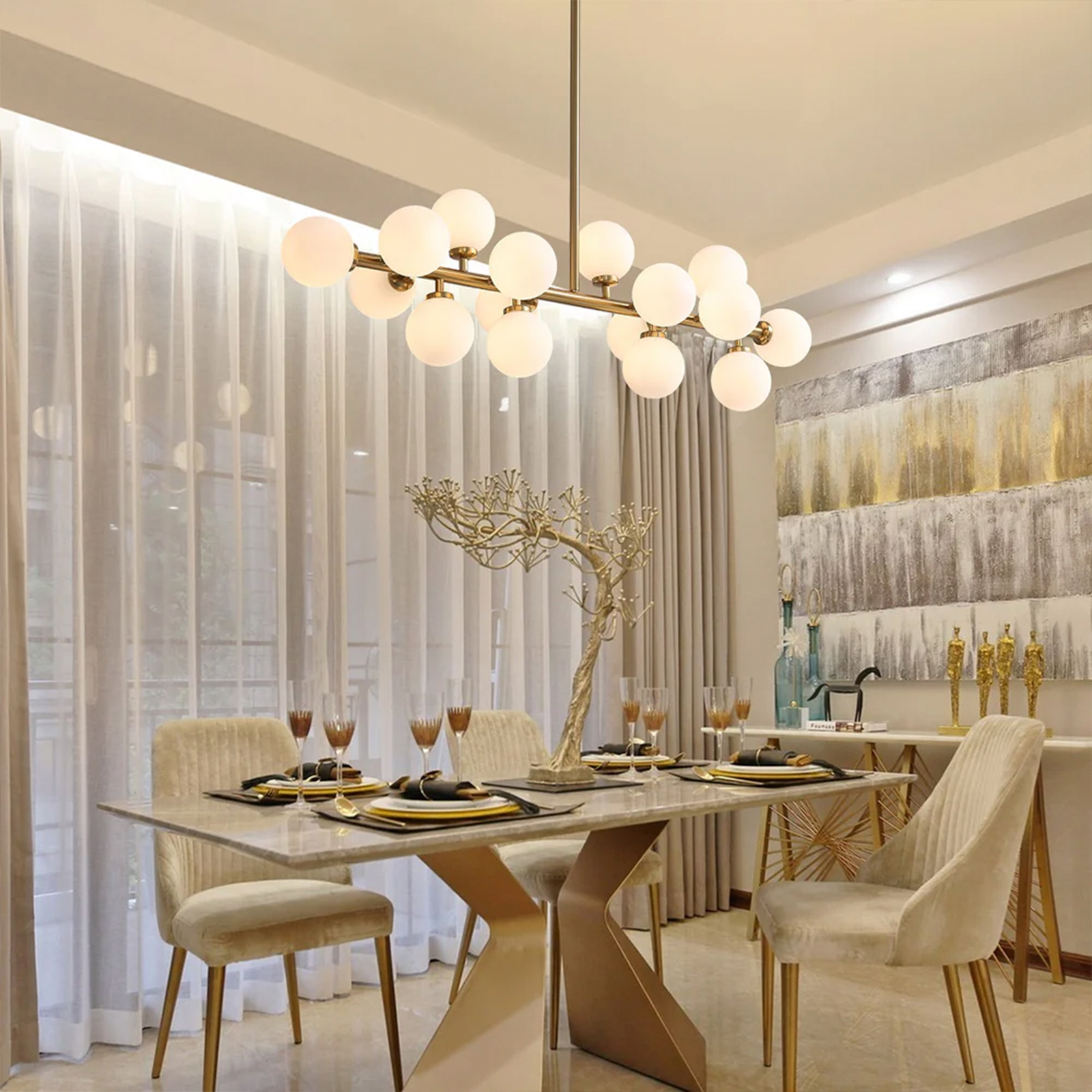 Heavenly Collections | Lustre Linéaire Moderne Multi-Lumières (16 lumières) - Suspension Or Brossé Style Mid-Century - Plafonnier Contemporain avec Sphères en Verre Opale