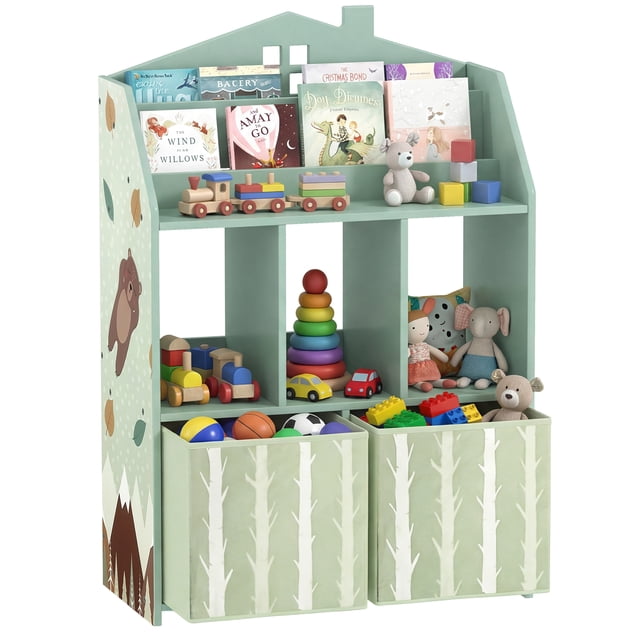 Qaba Toy Storage Unit with Book Display, Shelves, Fabric Drawers, Green
