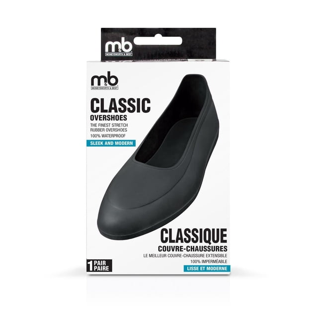 Moneysworth & Best Classic Surchaussures en Caoutchouc Noires sur Emballage Blanc, Montrant un design en Caoutchouc Élégant, Imperméable et Très Extensible avec une traction Supplémentaire pour Protéger les Chaussures Habillées contre la Pluie, la Boue, la Neige et les Dommages Causés par le Sel.
