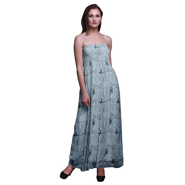 Bimba Robe Longue Maxi Tube à Corsage Smocké pour Femmes à Imprimé d'Oiseaux Blossom & Goldfinch - Très Petit