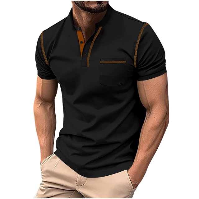 Mens Pullover Stand Collar Button Pocket Short Sleeve Top Sports Stand Collar Top/Shirt
