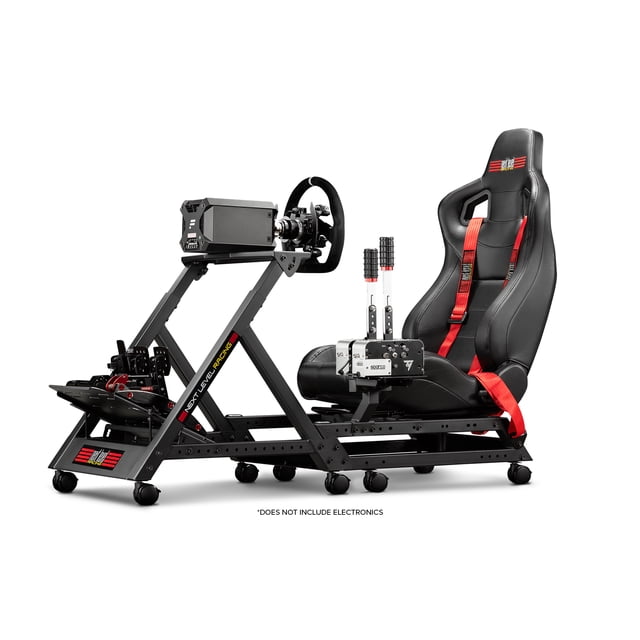 NEXT LEVEL GT TRACK RACING SIMULATOR COCKPIT with a rigid black steel frame, adjustable steering wheel mount, pedal platform, and dual handbrake and gear shifter levers. It features a black racing seat with red 4-point harness and lockable caster wheels, suitable for serious sim racers and compatible with major wheel and pedal brands.