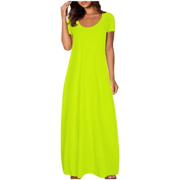 Pisexur Robe Maxi à Manches Courtes pour Femme, Décontractée, Couleur Unie, Robe de Plage, Taille Empire, Longue, avec Poches, P-5TG