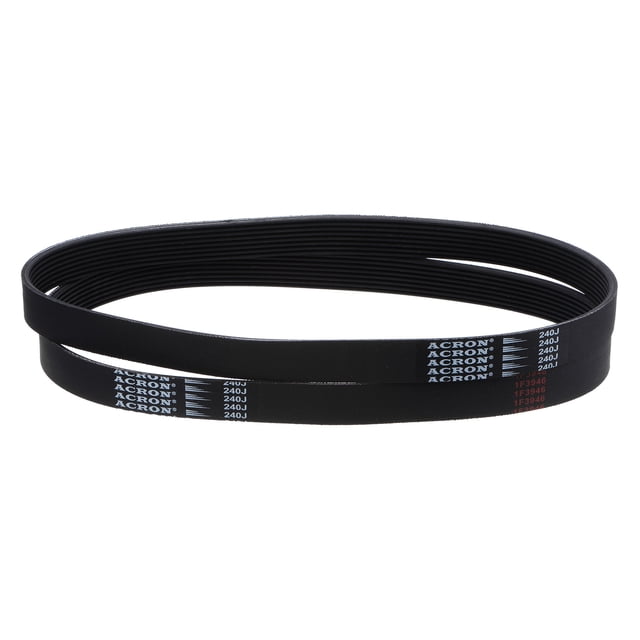 Unique Bargains 240J8 PJ V-Ribbed Belt, EPDM, Industrial Transmission Serpentine Belt, 2 Packs. The image displays two black V-ribbed belts made of EPDM rubber, measuring 0.74 inches in width, 0.14 inches in thickness, and 24 inches in outer circumference. These belts are suitable for industrial machinery, appliances, and power tools, offering high-temperature resistance, oil resistance, and wear resistance. The V-shaped ribs improve traction, speed transfer, and load distribution.