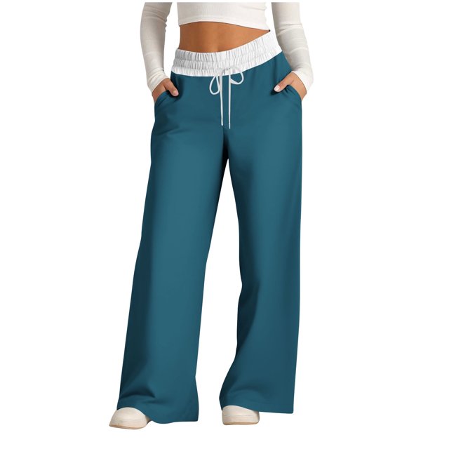 Yuyuzo Women's High Waisted Wide Leg Color Block Lounge Pants with Pockets