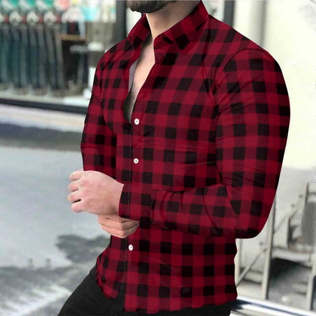 Timdgard Button down Shirts for Men Fall Plaid Lapel V Neck Long Sleeve Shirts Work Casual Tops