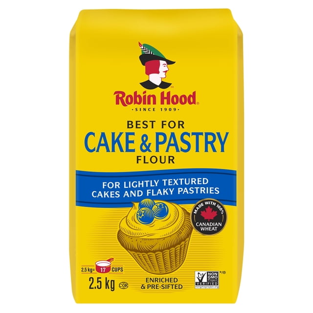 Robin Hood Best for Cake & Pastry Flour 2.5kg bag made with 100% Canadian wheat, ideal for baking lightly textured, high-rising cakes and flaky pastries, enriched and pre-sifted, with a yellow package featuring a cupcake illustration and the brand logo.