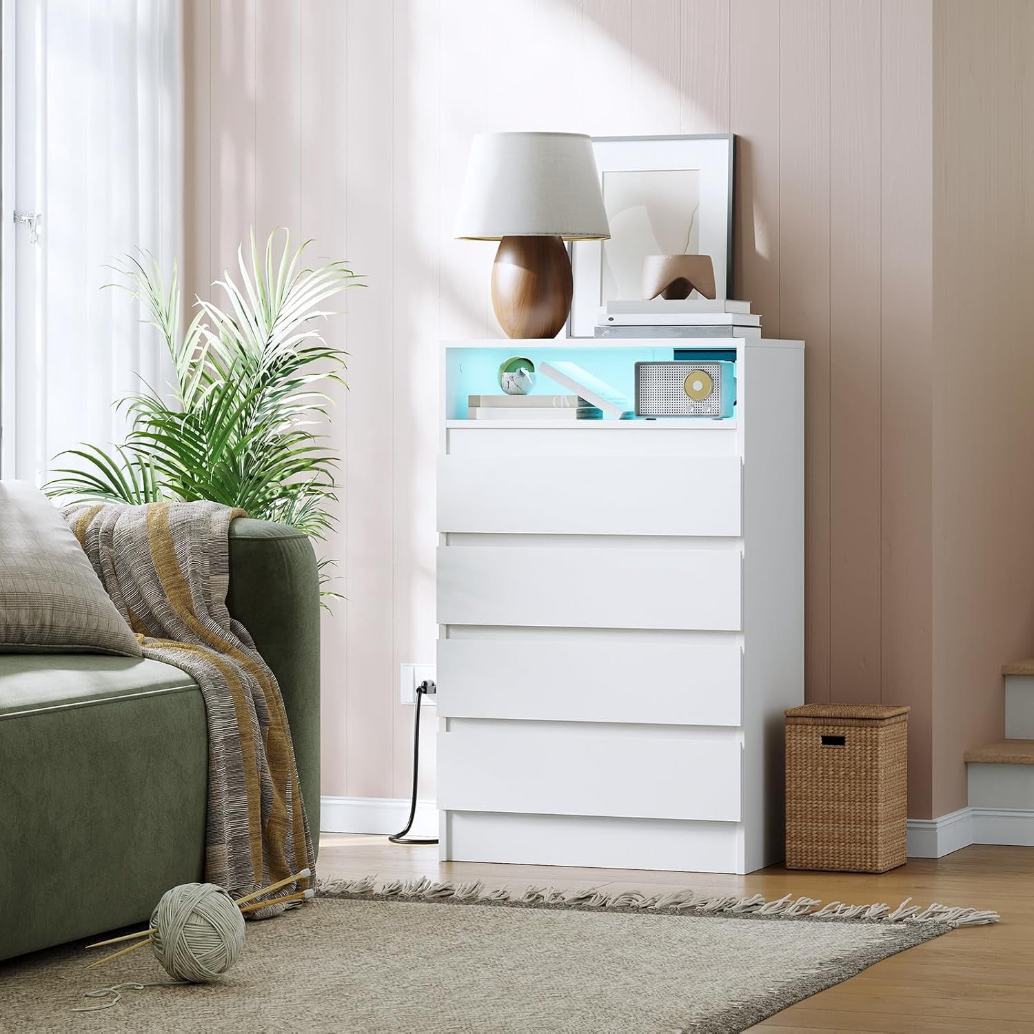 4 Drawer Double Dresser with Power Outlet, Accent Chests of Drawers with LED Light, Modern White Storage Dresser with Charging Station