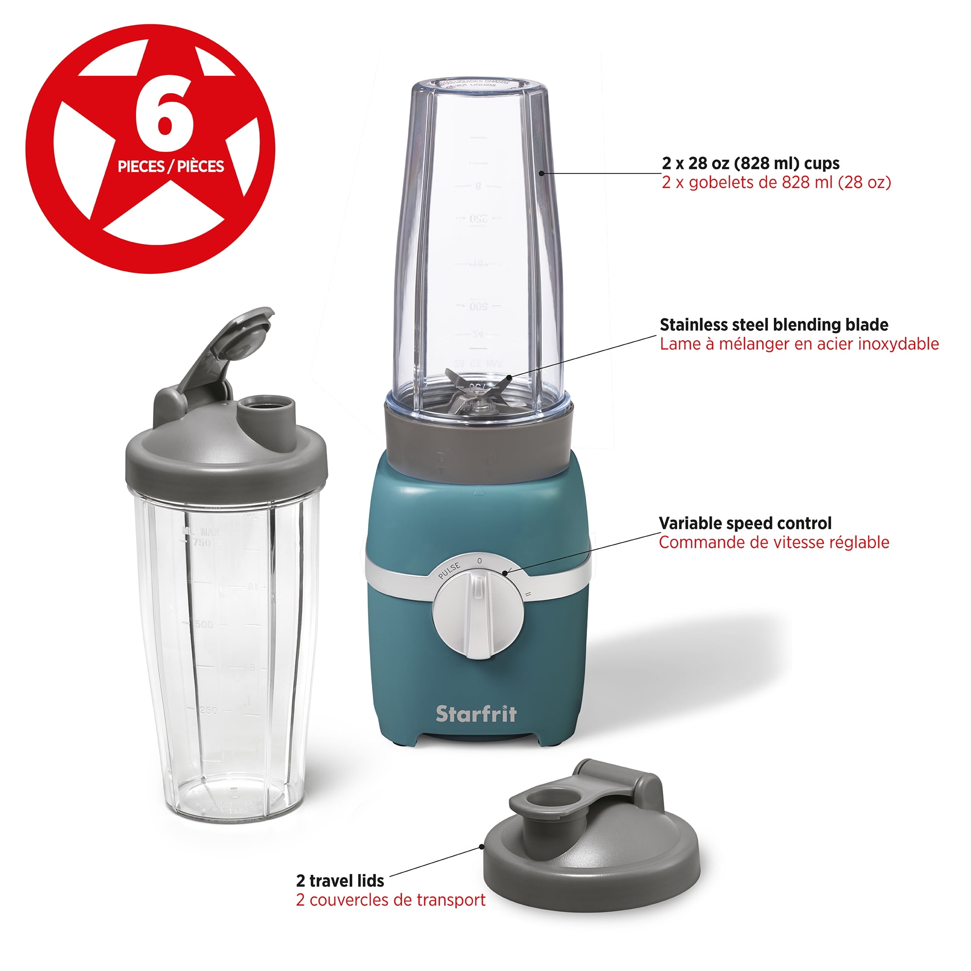 Starfrit Mélangeur Personnel, Deux Gobelets de 828ml, Lame en Acier Inoxydable, Modes Élevé, Faible et Pulsé, 300W, Sarcelle