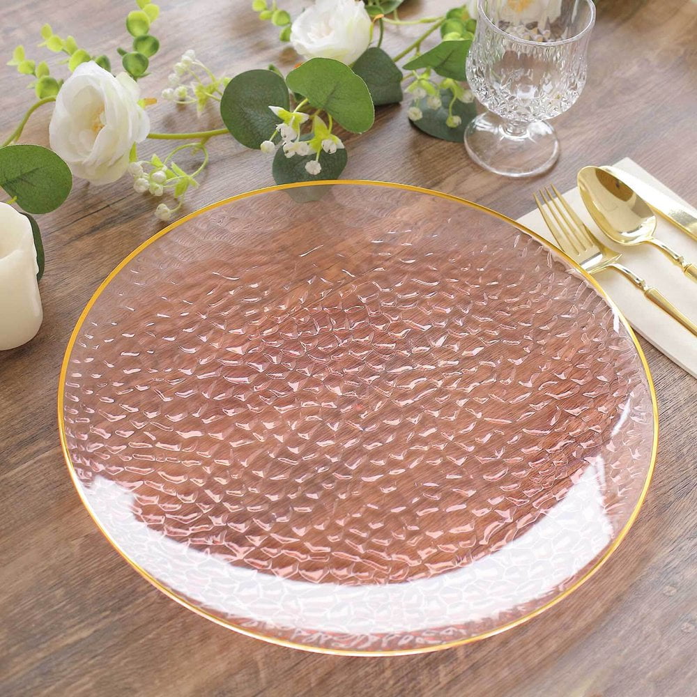 CUITING 10 Pack Glitter Gold Clear Hammered Plastic Charger Plates Round Disposable Serving Plates With Gold Rim - 13”
