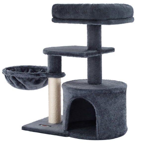 FEANDREA Arbre à Chat, Petite Tour pour Chat, Condo pour Chat, Centre d'Activités pour Chaton avec Poteau à Griffer, Panier, Grotte, Gris Fumé
