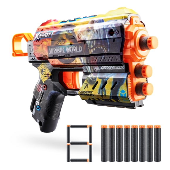 XSHOT Skins – Lance-fléchettes Flux à thème Jurassic World par ZURU, avec design de peau Jurassic World, incluant 8 fléchettes, rechargement facile, technologie de fléchettes en mousse à chambre d’air