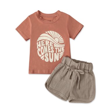 JIRNDf Baby Girl Summer Outfits 2 Piece Cute Casual Short Set Sun Letter Print Short Sleeve Solid Shorts Girls Clothing Set Brown 6-12 Months