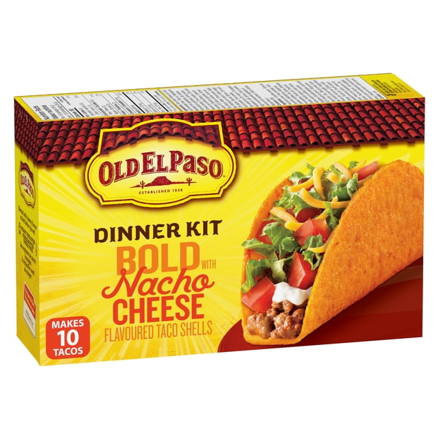 Old El Paso Bold with Nacho Cheese Dinner Kit 10-count nacho cheese-flavoured Stand 'N Stuff taco shells standing upright with included taco sauce packet and taco seasoning box; flat-bottom shells for easy filling, ideal for quick 20-minute tacos and often used as portable snack boats for party appetizers.
