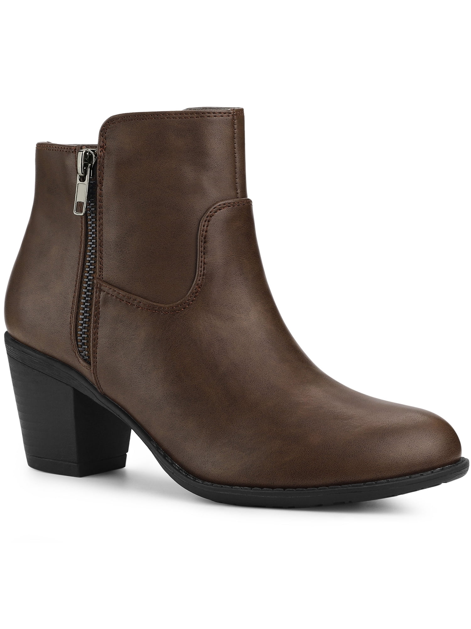 Unique Bargains Women's Round Toe Stacked Block Heel Zipper Ankle Boots