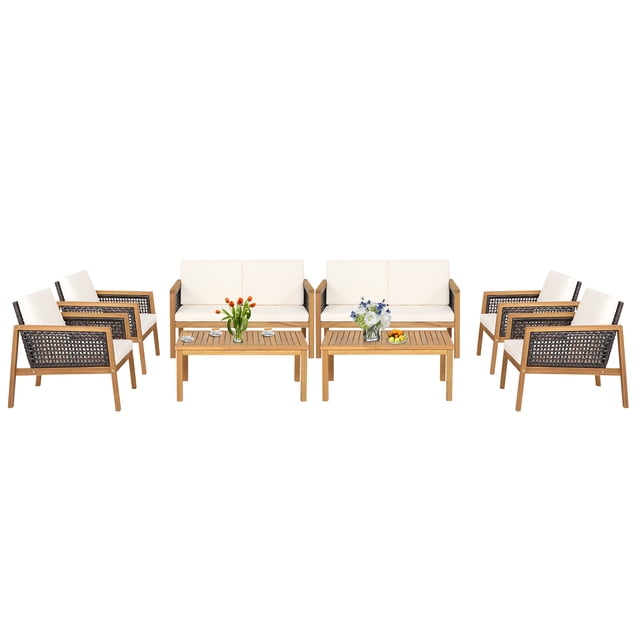Patiojoy 8-Piece Patio Acacia Wood Furniture Set Outdoor PE Rattan Conversation Set with Removable Cushions
