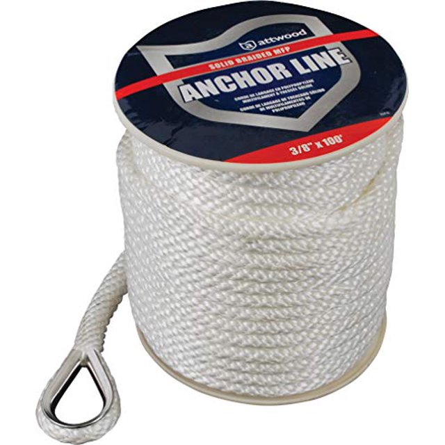 Attwood 11724-1 Solid Braid MFP Anchor Line with Thimble (White, 3/8-Inch x 100-Feet)