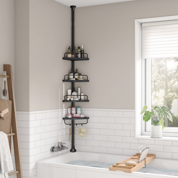 SONGMICS 4-Tier Shower Caddy, 33.5-120.1''Height Adjustable Corner Bathroom Shelf, Shower Organizer, Steel, Black