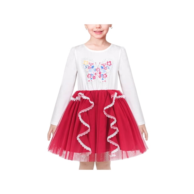 Robe Fille T-Shirt Rouge Blanc Papillon Floral Pailleté Lolita Bordure en Dentelle Fête 7 Ans