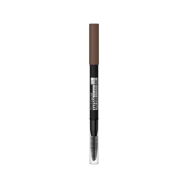 Maybelline Tattoo Brow Crayon à Sourcils Pigmentaire 36 H avec Capuchon Brun, Corps Noir Marqué avec Texte Blanc, et Brosse Transparente à l'Extrémité, Offrant une Définition des Sourcils Imperméable et Résistante aux Bavures jusqu'à 36 Heures, Idéal pour Combler et Sculpter des Sourcils d'Apparence Naturelle.
