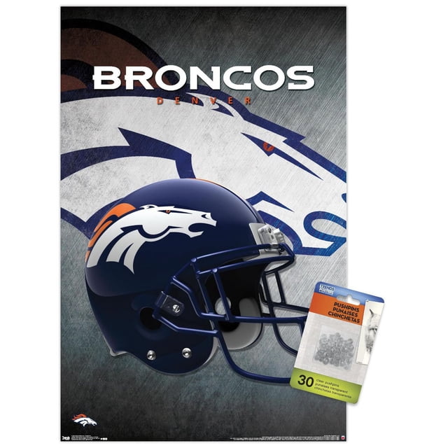 NFL Denver Broncos - Affiche Murale de Casque 16, 22,375 Po x 34 Po Présentant un Casque de football Bleu Marine Lustré avec le logo de Cheval Blanc et orange des Denver Broncos sur le Côté, sur Fond Gris Texturé avec un Grand logo des Broncos Délavé et le Mot « Broncos » en Lettres Majuscules Blanches au-Dessus. Comprend 30 Punaises Transparentes pour une Suspension Facile et Sans Dommages, Convient à la Décoration de Chambres de Fans de Sport.